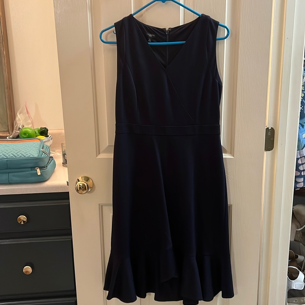 Navy Faux-Wrap Suiting Dress